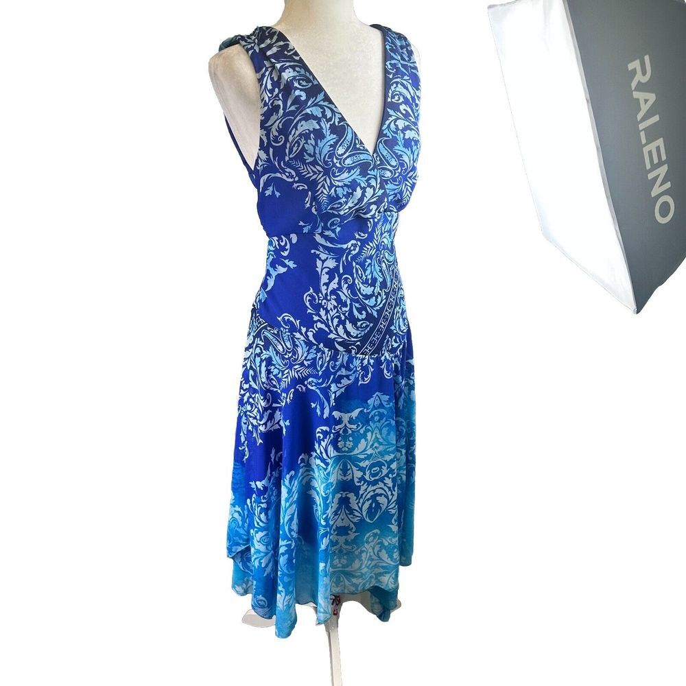 Womens Size 10 Paisley Midi Sleeveless Dress Blue‎ Assymetrical Hem Resortwear - Picture 9 of 16